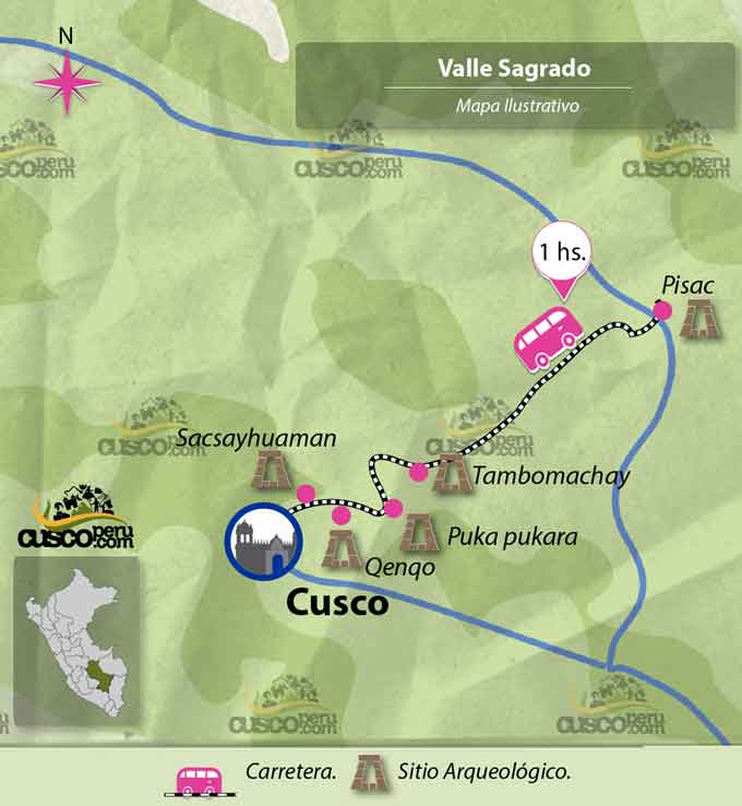 Mapa para chegar a Pisac. Fonte: CuscoPeru.com