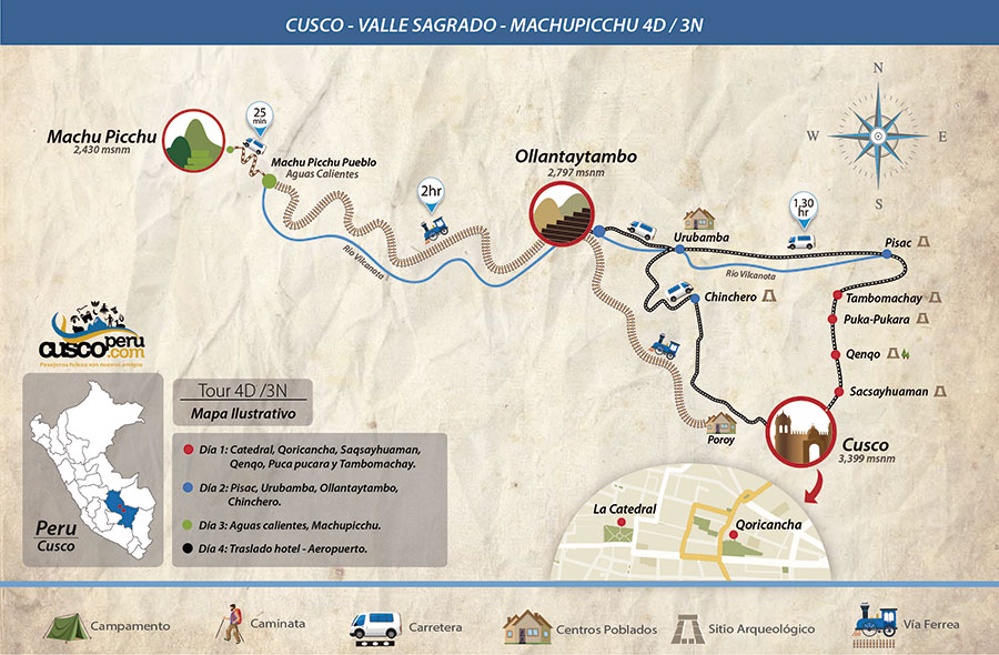 Mapa Tour Cusco, Valle Sagrado y Machu Picchu 4d 3n