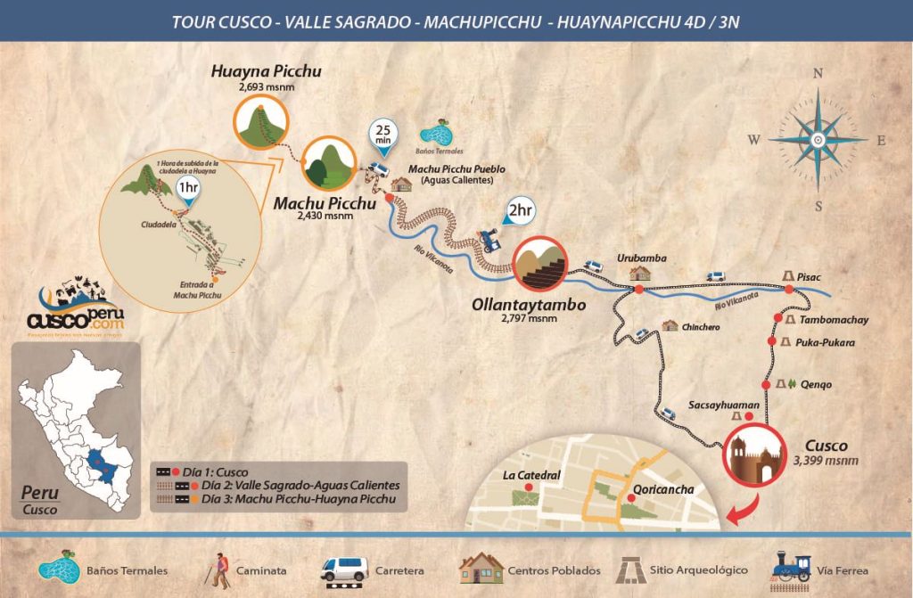 Mapa Tour Cusco, Valle Sagrado, Machu Picchu Y Huayna Picchu 4d 3n