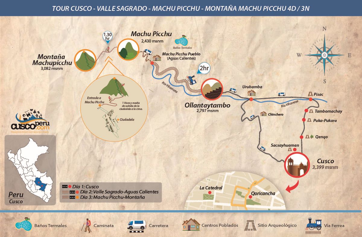 Mapa Tour Cusco, Valle Sagrado, Machu Picchu y Montaña Machu Picchu 4d 3n