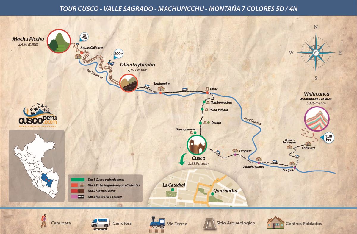 Mapa Tour A Cusco, Valle Sagrado, Machu Picchu Y Montaña 7 Colores 5d 4n