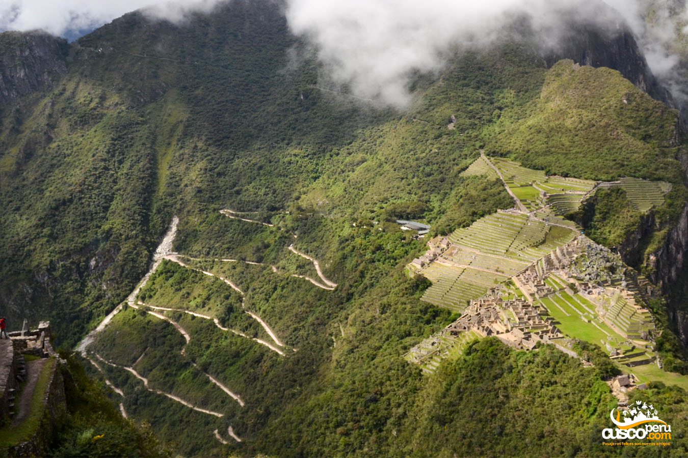 Vista de la carretera Hiram Bingham desde la montaña Huayna Picchu. Fuente: CuscoPeru.com